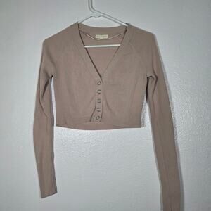 LA Hearts Ribbed Crop Top V Neck Button Front Long Sleeve Taupe XS